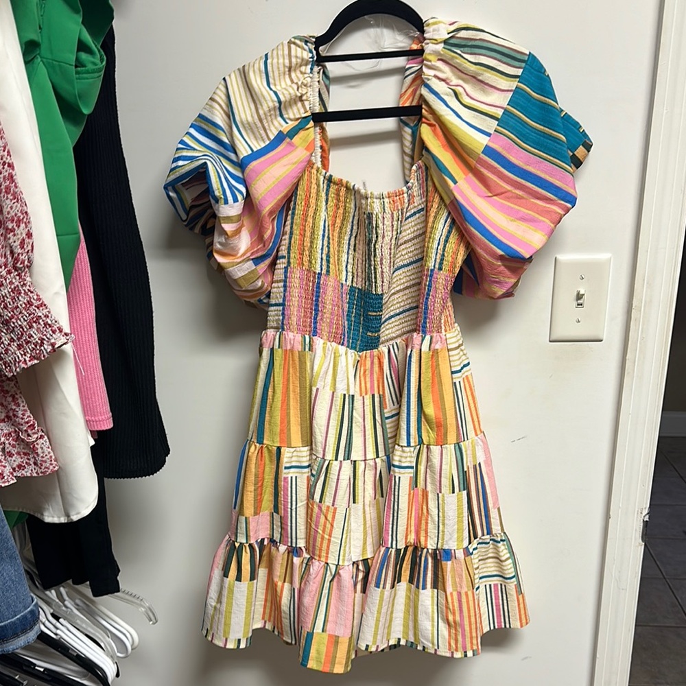 Colorful Patchwork Dress with Puff Sleeves